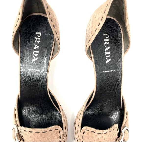 Vintage Prada 90s Y2K Ostrich Tan Brown Buckle Kitten Heels Pumps Shoes 37.5 7.5